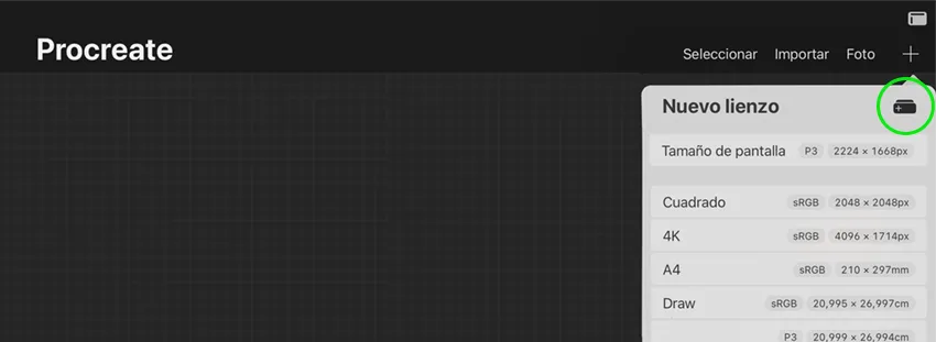 Opción para crear un documento en Procreate antes de guardarlo