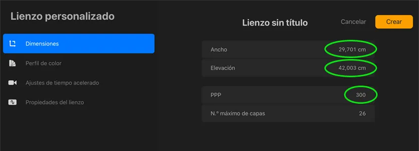Cómo guardar archivos en Procreate - panel de Dimensiones