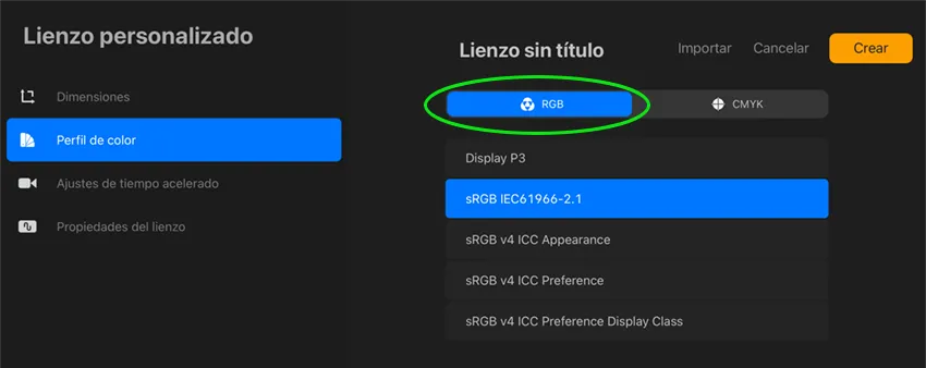 Cómo guardar archivos en Procreate - panel de Perfil de color
