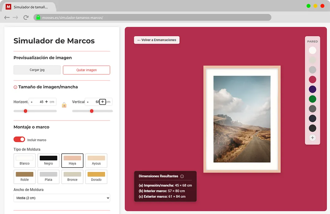 Simulación de marcos y tamaños de cuadros Mooses